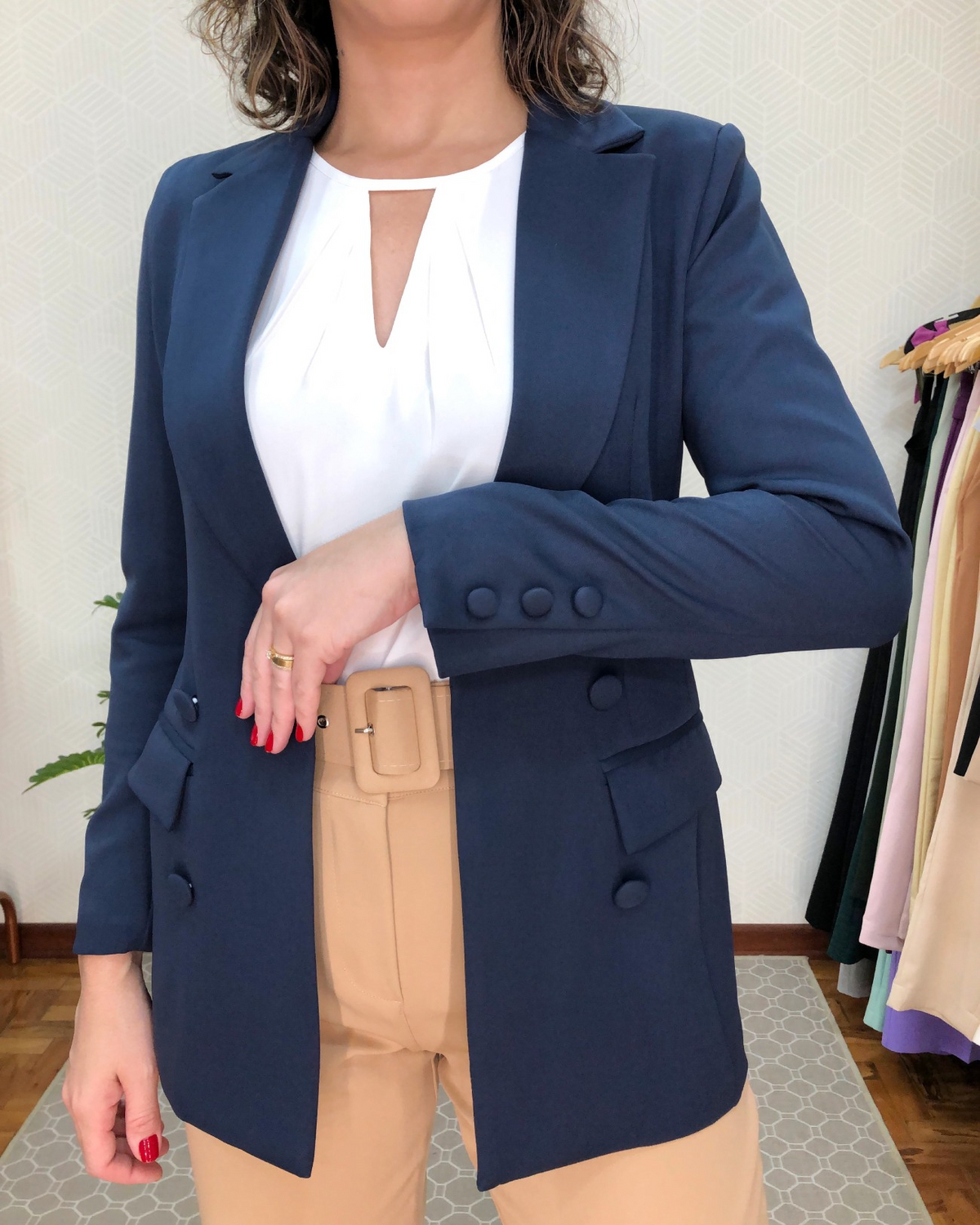 Blazer feminino de alfaiataria alongado azul marinho - Maria