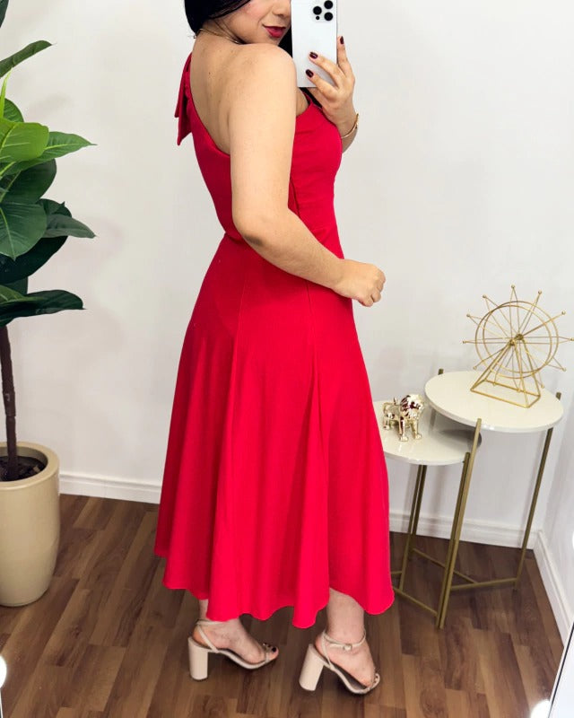 Vestido Mídi nula manga Vermelho