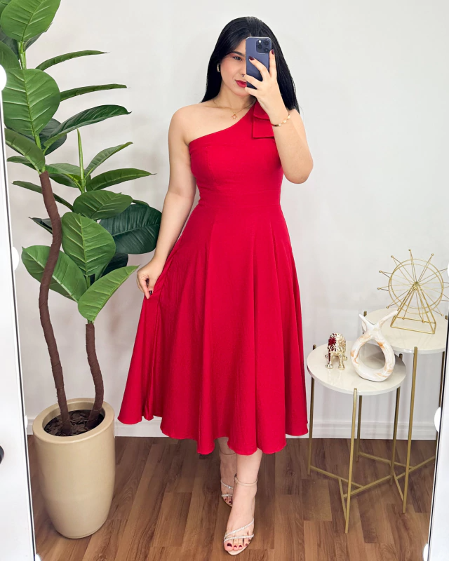 Vestido Mídi nula manga Vermelho